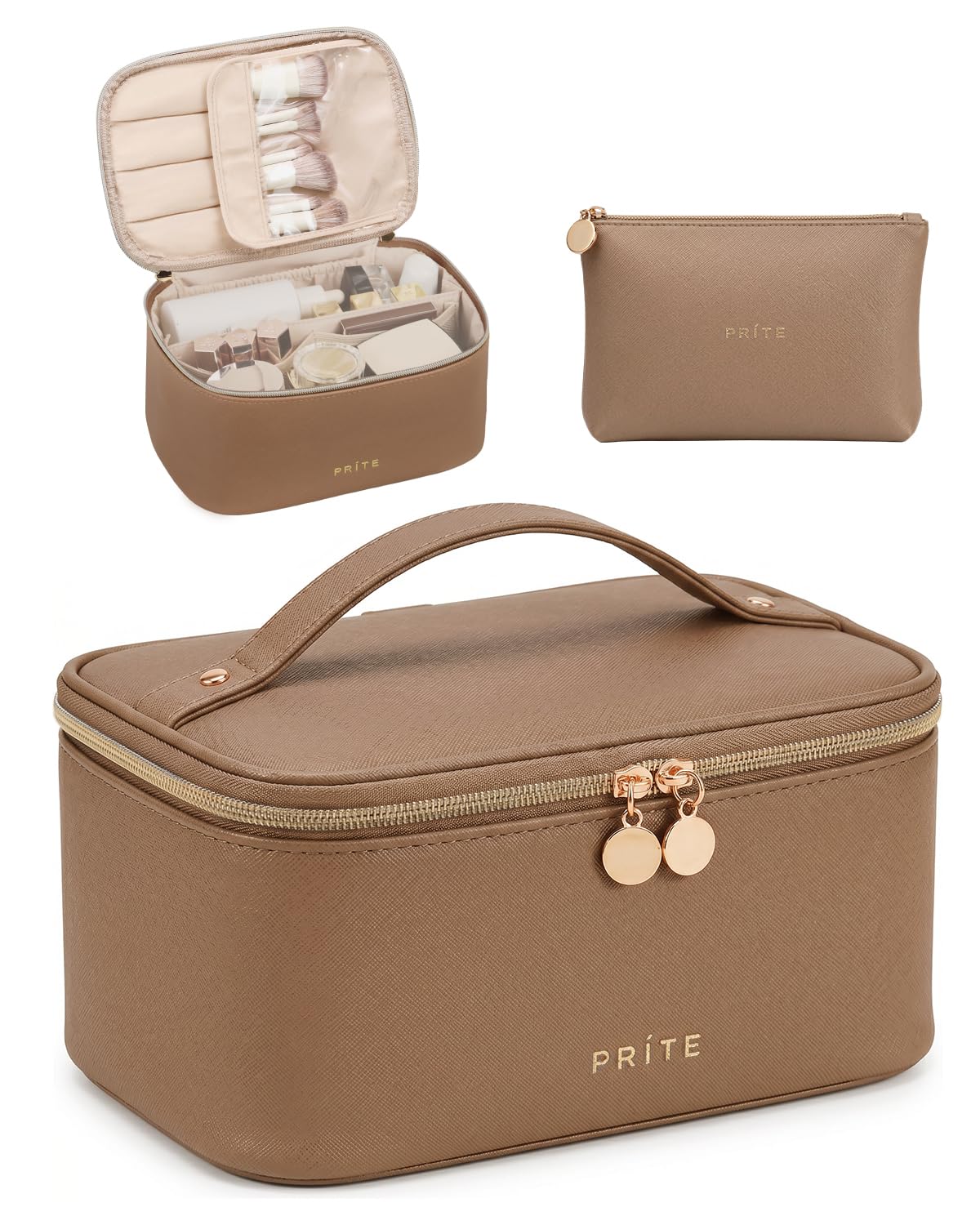 Prite Makeup Bag Travel Cosmetic Case, Women Toiletry Bag Organizer, Beige | Make Up Bag, PU Leather Waterproof Large Makeup & Skincare Case with Brush Holder, Divider & Handle for Girls