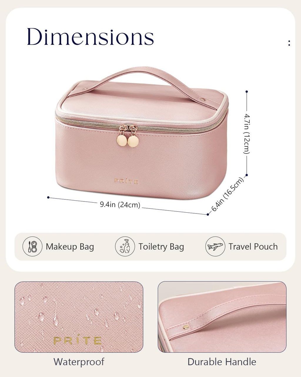 Prite Makeup Bag Travel Cosmetic Case, Women Toiletry Bag Organizer, Beige | Make Up Bag, PU Leather Waterproof Large Makeup & Skincare Case with Brush Holder, Divider & Handle for Girls