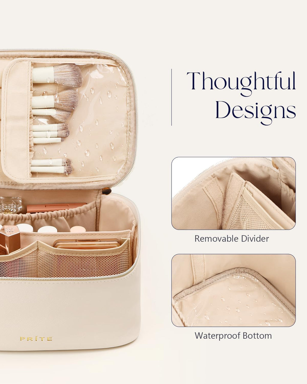 Prite Makeup Bag Travel Cosmetic Case, Women Toiletry Bag Organizer, Beige | Make Up Bag, PU Leather Waterproof Large Makeup & Skincare Case with Brush Holder, Divider & Handle for Girls