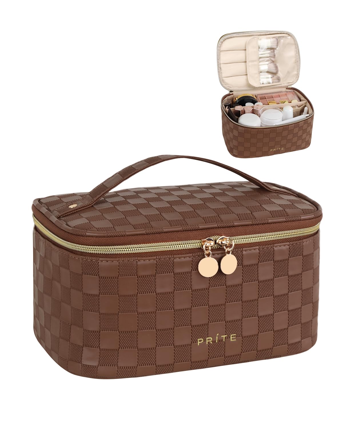 Prite Makeup Bag Travel Cosmetic Case, Women Toiletry Bag Organizer, Beige | Make Up Bag, PU Leather Waterproof Large Makeup & Skincare Case with Brush Holder, Divider & Handle for Girls