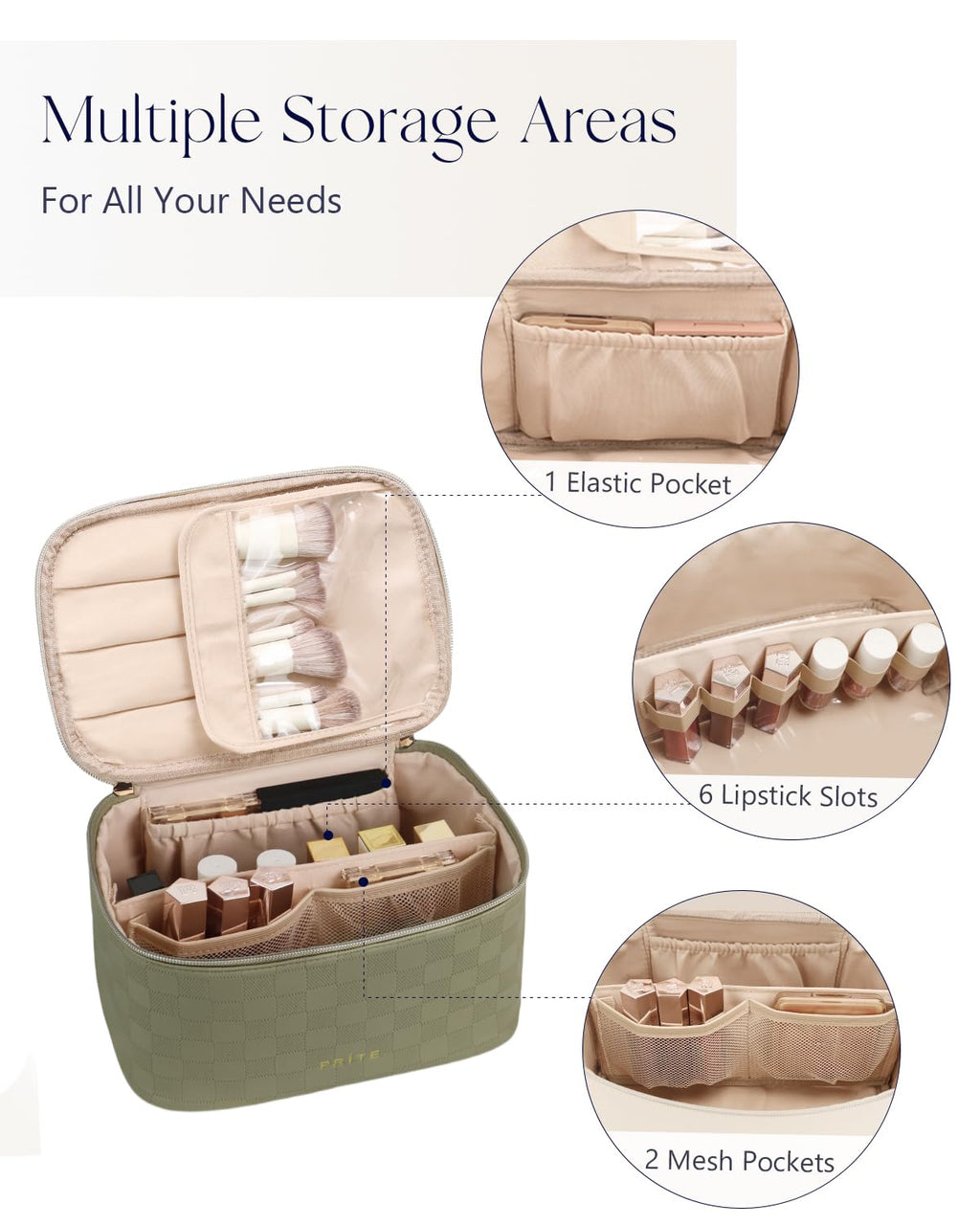 Prite Makeup Bag Travel Cosmetic Case, Women Toiletry Bag Organizer, Beige | Make Up Bag, PU Leather Waterproof Large Makeup & Skincare Case with Brush Holder, Divider & Handle for Girls