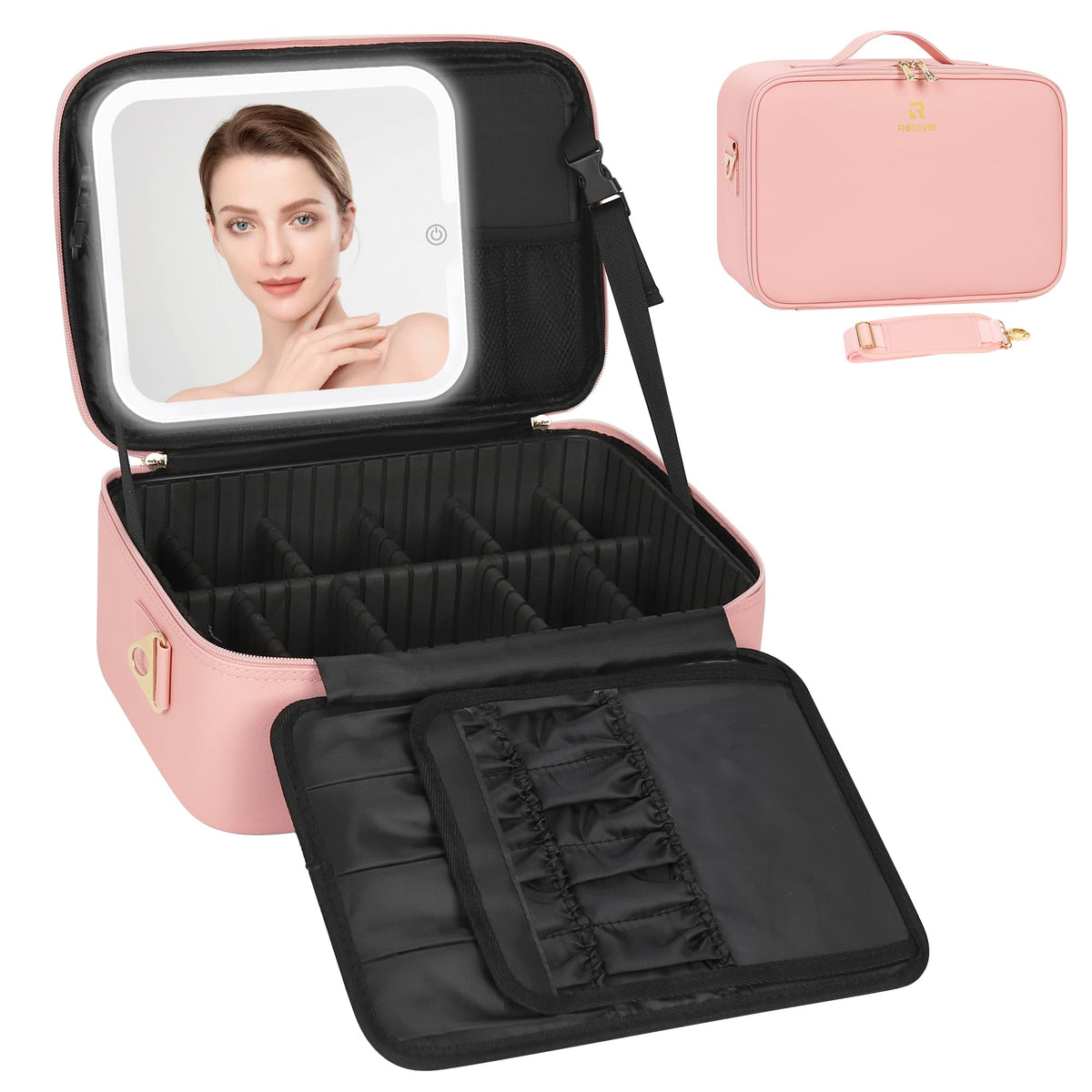 Relavel Large Makeup Case with LED Mirror, 16.2" Train Case with Dividers