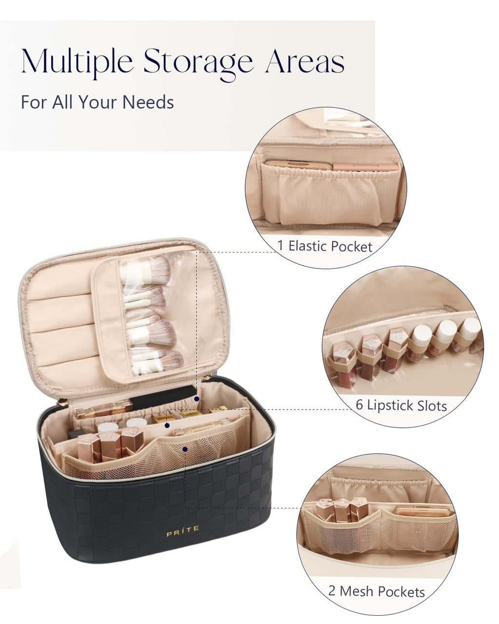 Prite Makeup Bag Travel Cosmetic Case, Women Toiletry Bag Organizer, Beige | Make Up Bag, PU Leather Waterproof Large Makeup & Skincare Case with Brush Holder, Divider & Handle for Girls