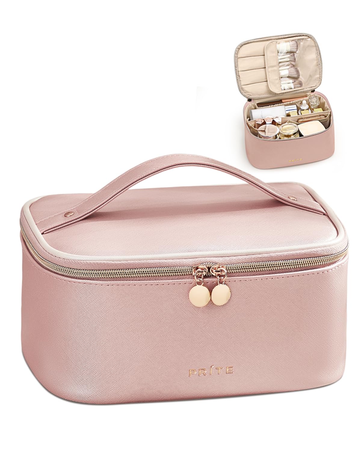 Prite Makeup Bag Travel Cosmetic Case, Women Toiletry Bag Organizer, Beige | Make Up Bag, PU Leather Waterproof Large Makeup & Skincare Case with Brush Holder, Divider & Handle for Girls