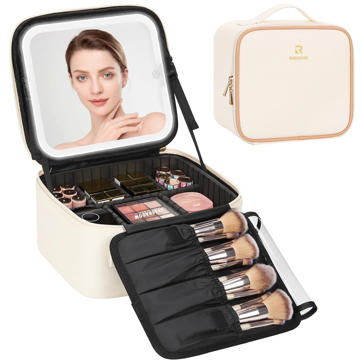 Relavel Large Makeup Case with LED Mirror, 16.2" Train Case with Dividers