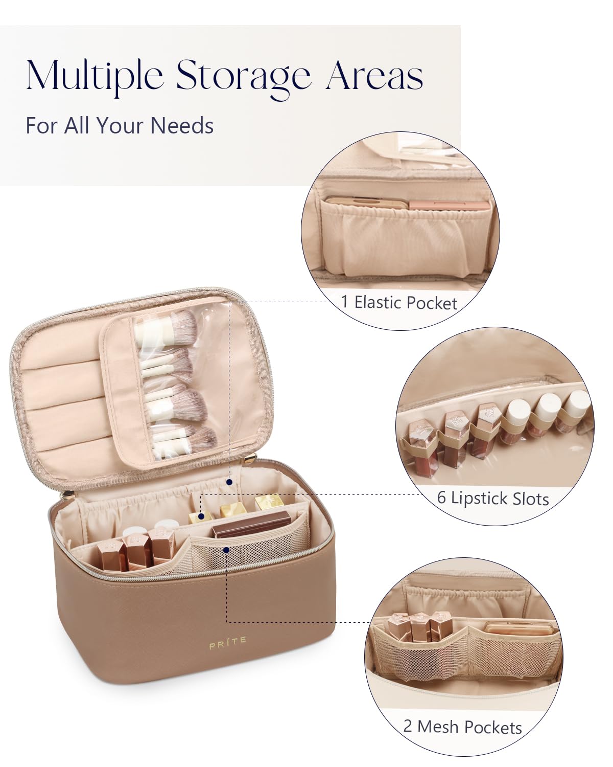Prite Makeup Bag Travel Cosmetic Case, Women Toiletry Bag Organizer, Beige | Make Up Bag, PU Leather Waterproof Large Makeup & Skincare Case with Brush Holder, Divider & Handle for Girls