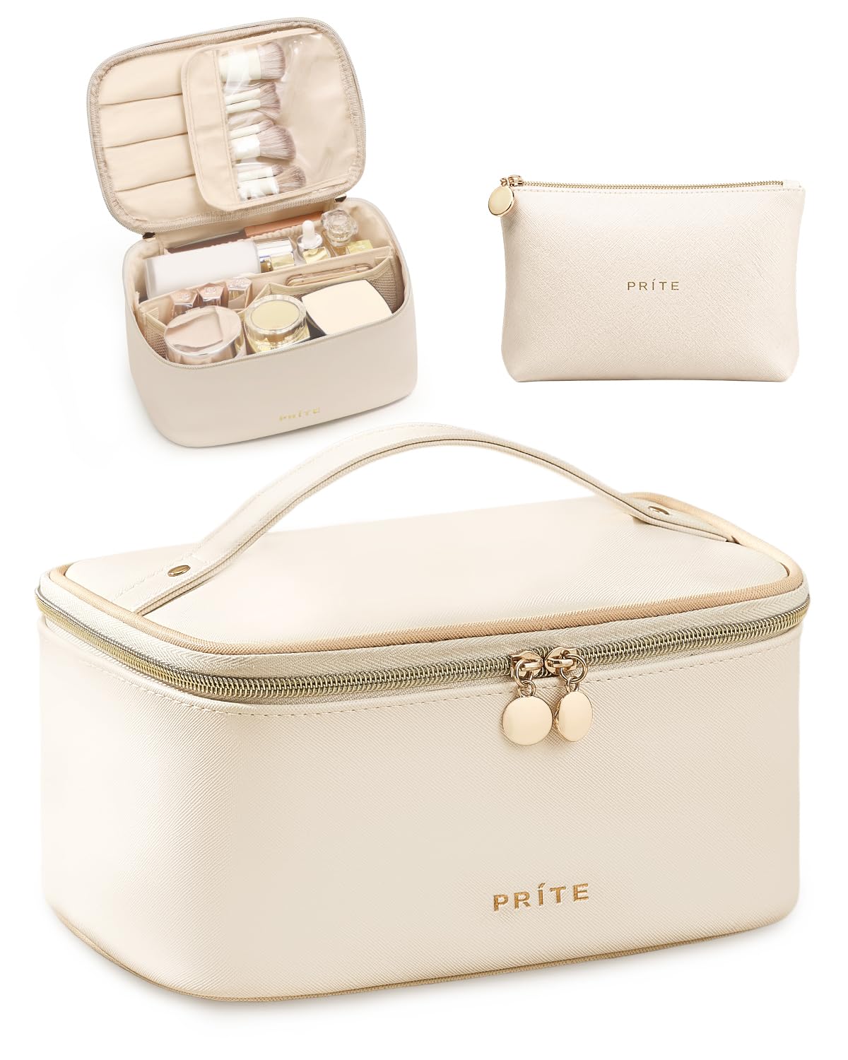 Prite Makeup Bag Travel Cosmetic Case, Women Toiletry Bag Organizer, Beige | Make Up Bag, PU Leather Waterproof Large Makeup & Skincare Case with Brush Holder, Divider & Handle for Girls