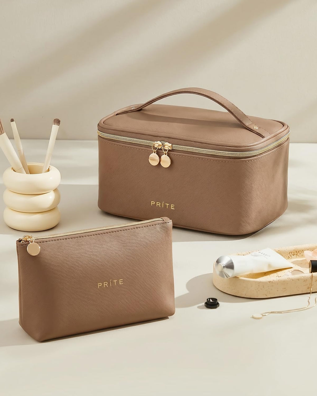 Prite Makeup Bag Travel Cosmetic Case, Women Toiletry Bag Organizer, Beige | Make Up Bag, PU Leather Waterproof Large Makeup & Skincare Case with Brush Holder, Divider & Handle for Girls