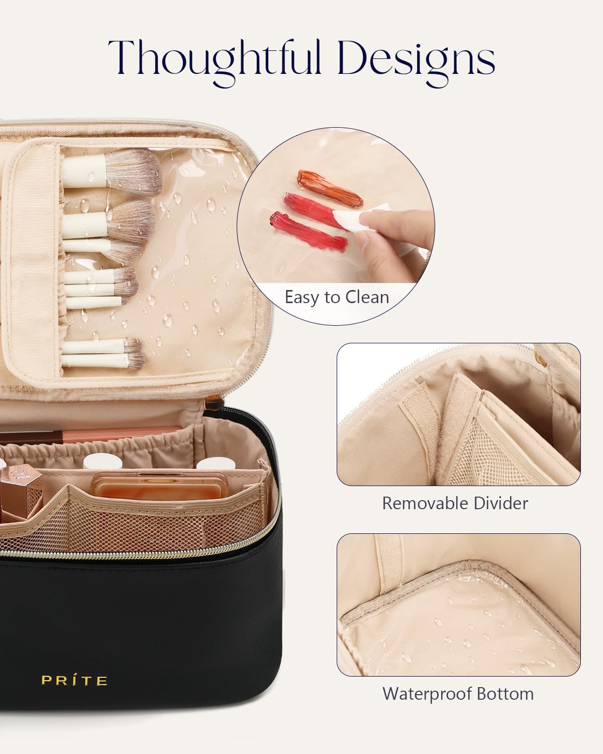 Prite Makeup Bag Travel Cosmetic Case, Women Toiletry Bag Organizer, Beige | Make Up Bag, PU Leather Waterproof Large Makeup & Skincare Case with Brush Holder, Divider & Handle for Girls