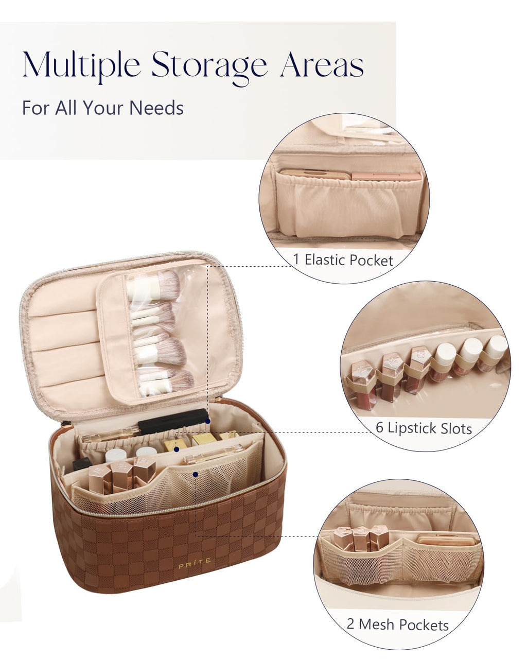 Prite Makeup Bag Travel Cosmetic Case, Women Toiletry Bag Organizer, Beige | Make Up Bag, PU Leather Waterproof Large Makeup & Skincare Case with Brush Holder, Divider & Handle for Girls