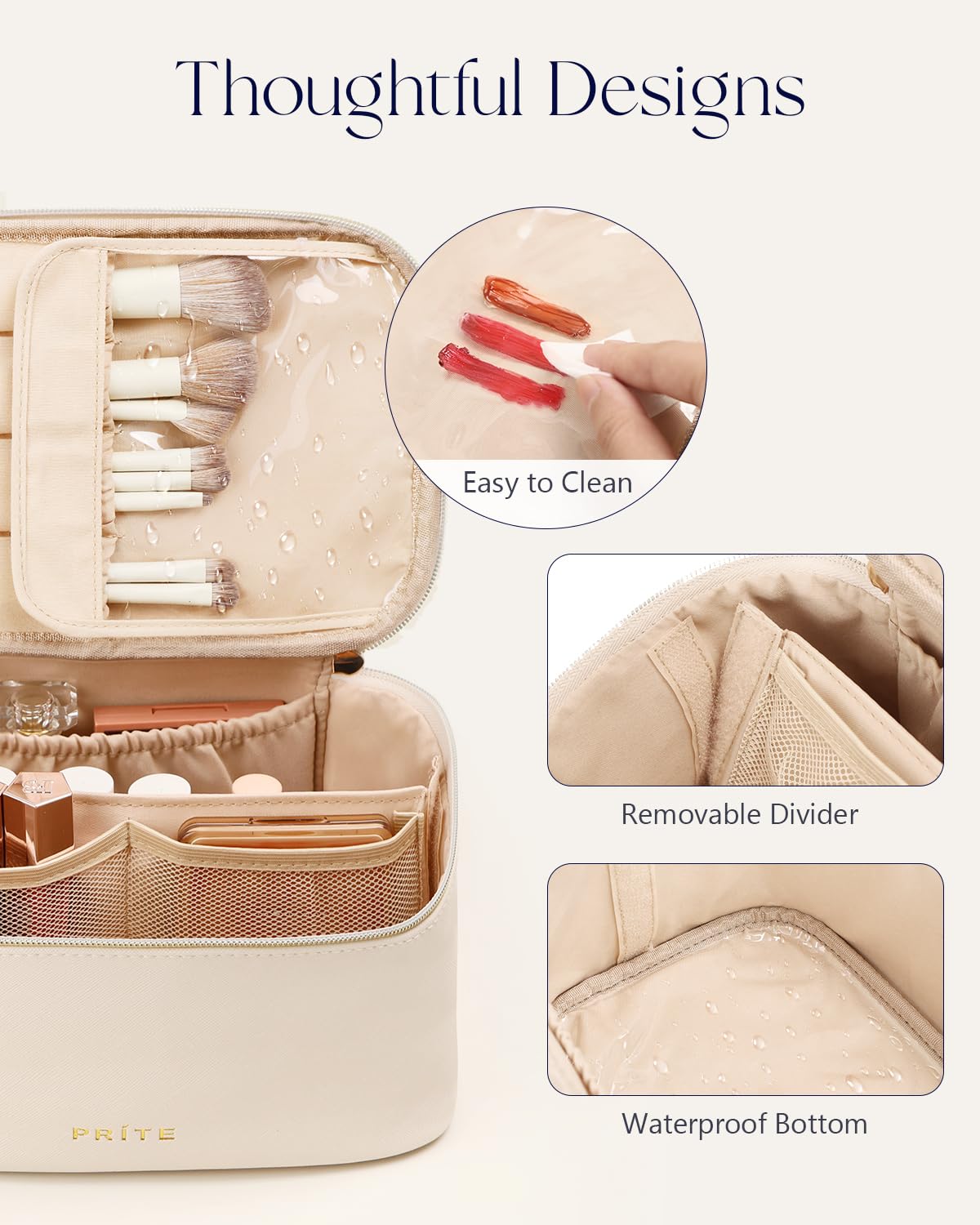 Prite Makeup Bag Travel Cosmetic Case, Women Toiletry Bag Organizer, Beige | Make Up Bag, PU Leather Waterproof Large Makeup & Skincare Case with Brush Holder, Divider & Handle for Girls