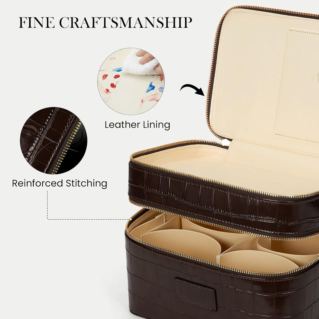 HiTotes Large Makeup Bag Crocodile Duo Vanity Case for Women Travel Toiletry Bag Leather Makeup Case Cosmetic Bag