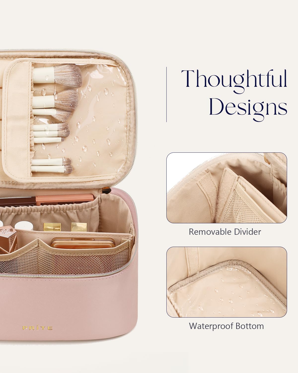 Prite Makeup Bag Travel Cosmetic Case, Women Toiletry Bag Organizer, Beige | Make Up Bag, PU Leather Waterproof Large Makeup & Skincare Case with Brush Holder, Divider & Handle for Girls