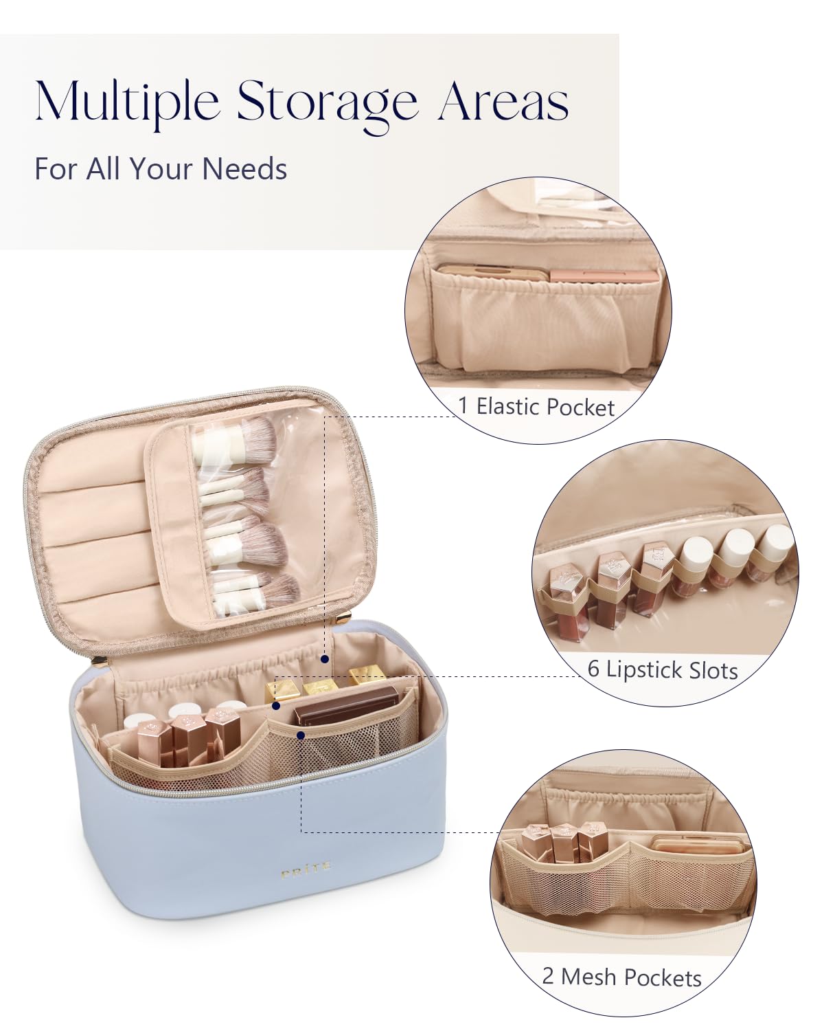 Prite Makeup Bag Travel Cosmetic Case, Women Toiletry Bag Organizer, Beige | Make Up Bag, PU Leather Waterproof Large Makeup & Skincare Case with Brush Holder, Divider & Handle for Girls