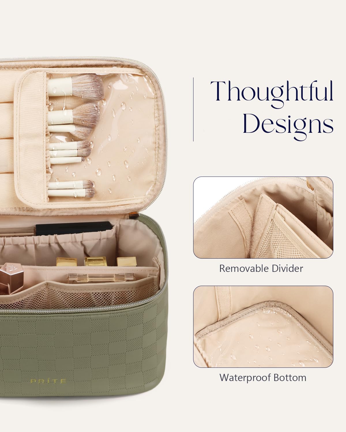 Prite Makeup Bag Travel Cosmetic Case, Women Toiletry Bag Organizer, Beige | Make Up Bag, PU Leather Waterproof Large Makeup & Skincare Case with Brush Holder, Divider & Handle for Girls
