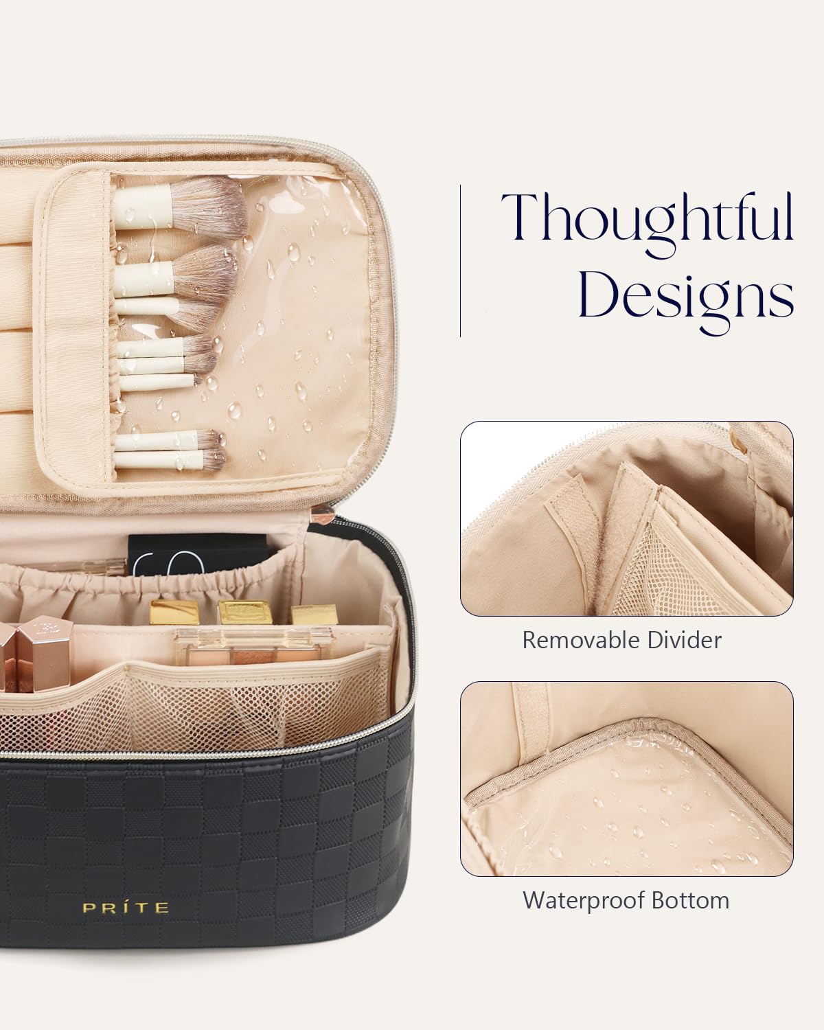 Prite Makeup Bag Travel Cosmetic Case, Women Toiletry Bag Organizer, Beige | Make Up Bag, PU Leather Waterproof Large Makeup & Skincare Case with Brush Holder, Divider & Handle for Girls