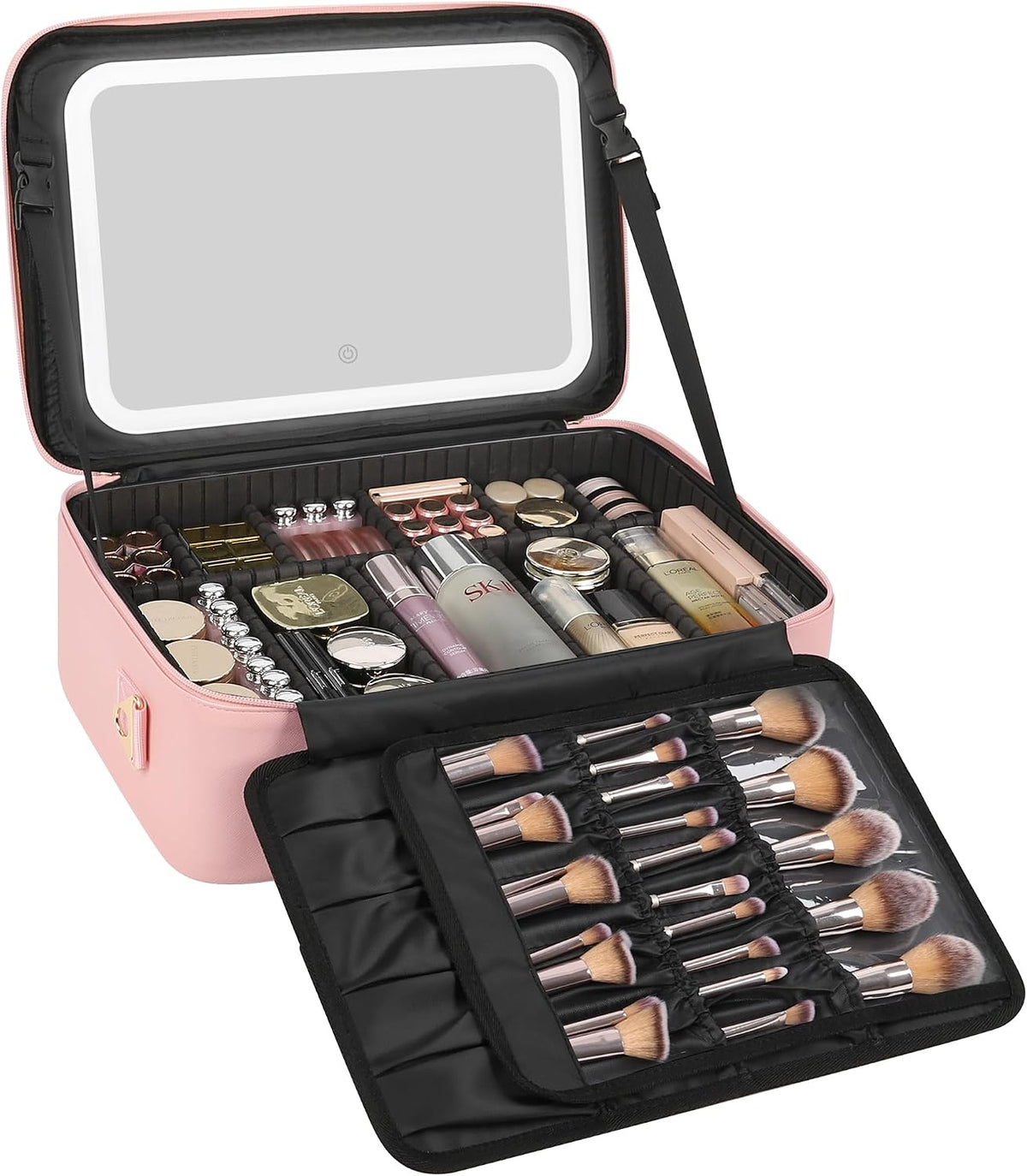 Relavel Large Makeup Case with LED Mirror, 16.2" Train Case with Dividers