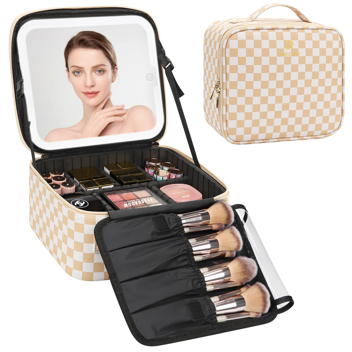 Relavel Large Makeup Case with LED Mirror, 16.2" Train Case with Dividers