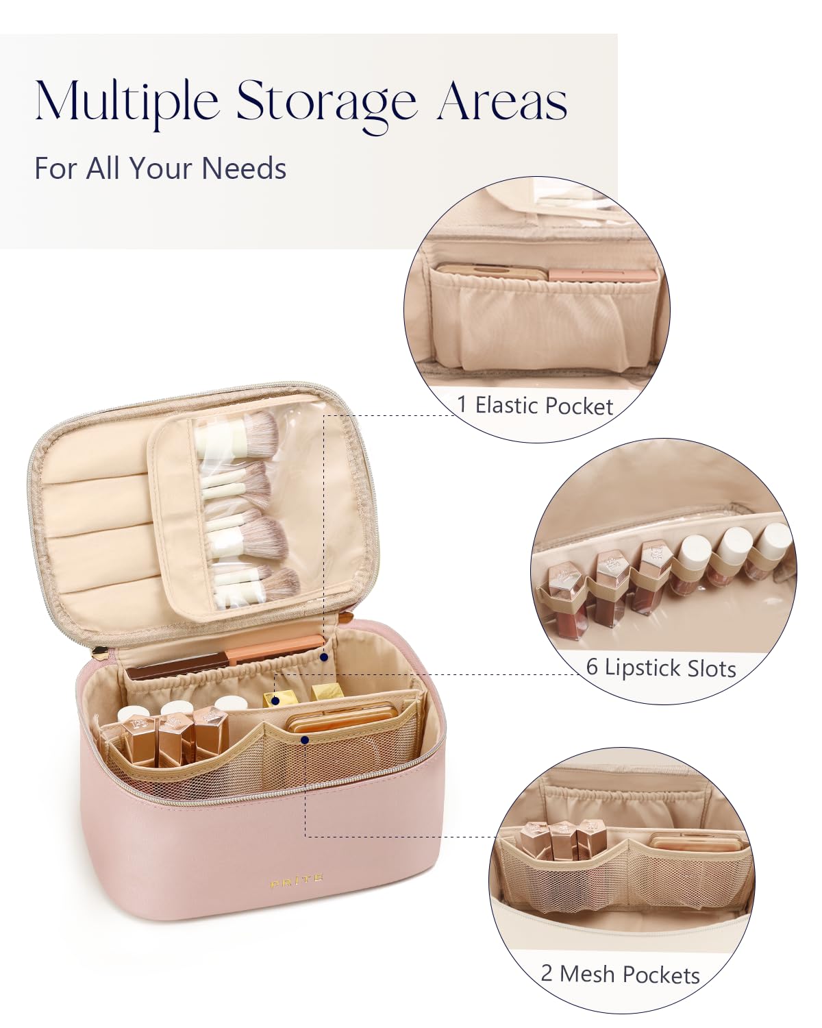 Prite Makeup Bag Travel Cosmetic Case, Women Toiletry Bag Organizer, Beige | Make Up Bag, PU Leather Waterproof Large Makeup & Skincare Case with Brush Holder, Divider & Handle for Girls