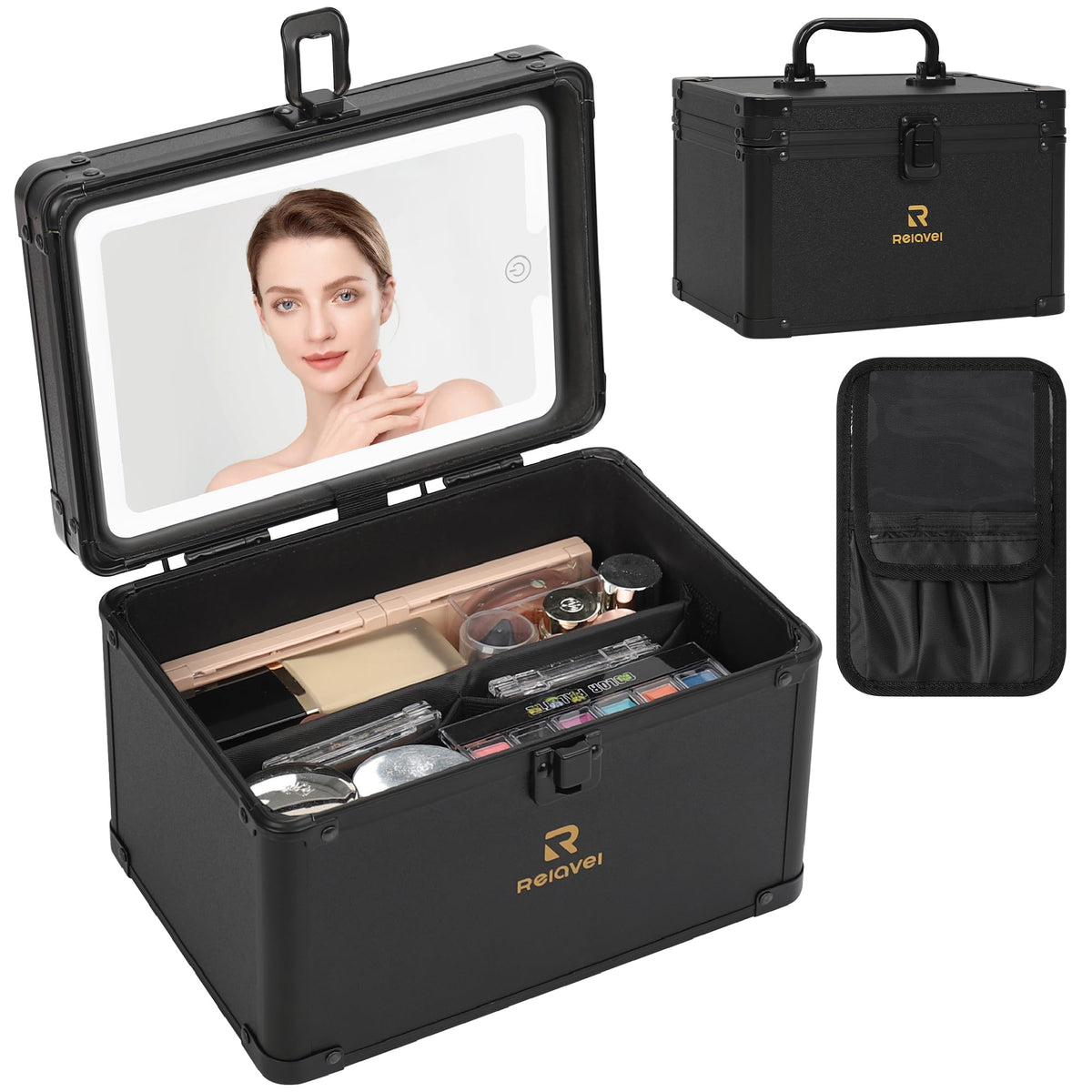 Relavel Large Makeup Case with LED Mirror, 16.2" Train Case with Dividers