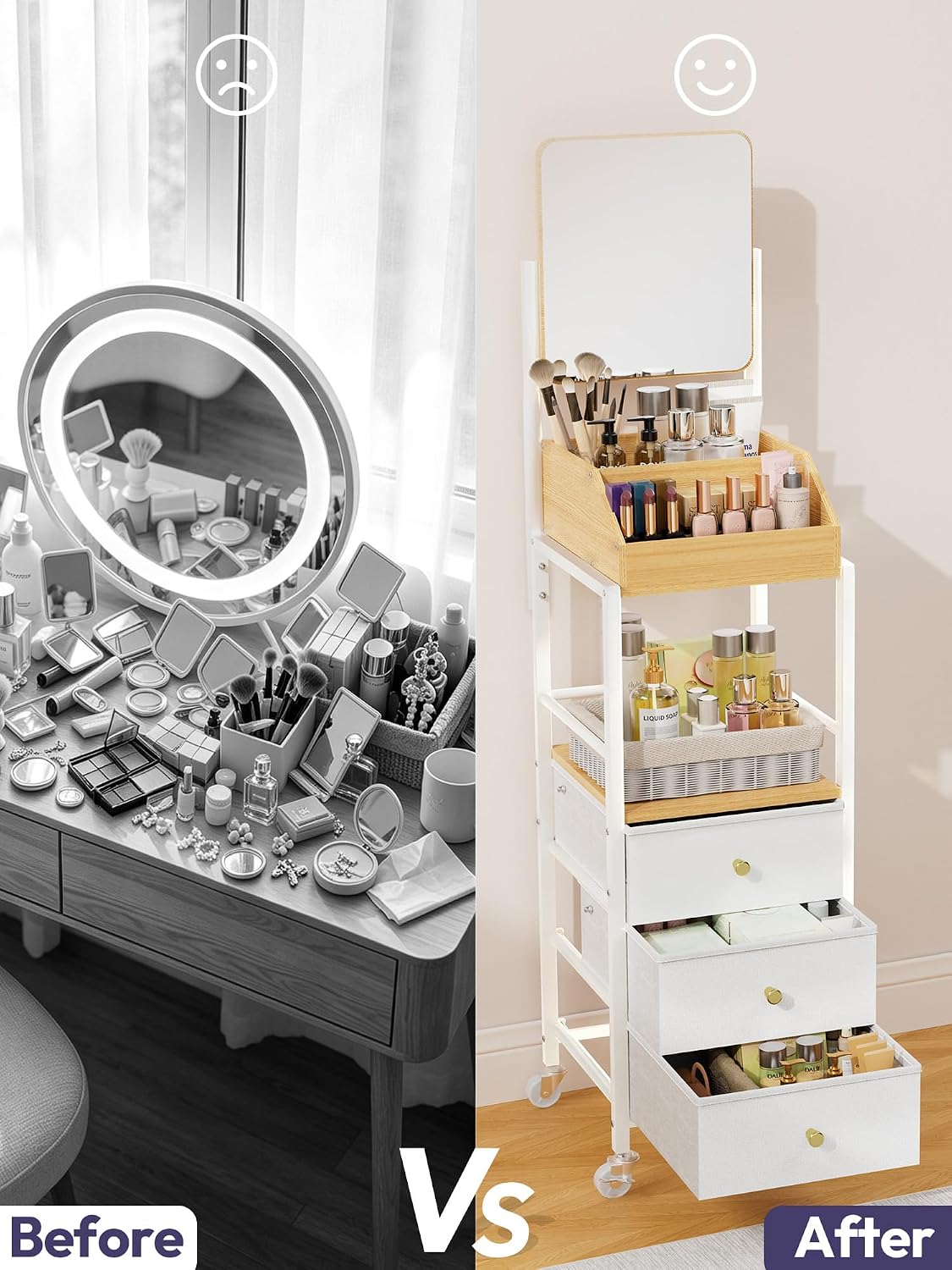 SWTYMIKI Makeup Organizer Cart with Mirror - Makeup Storage Vanity Dresser with Non-Woven Drawers, 360° Rotating HD Mirror, Rolling Organizer Cart for Skin Care Perfume Nail Polish Hair Tool White