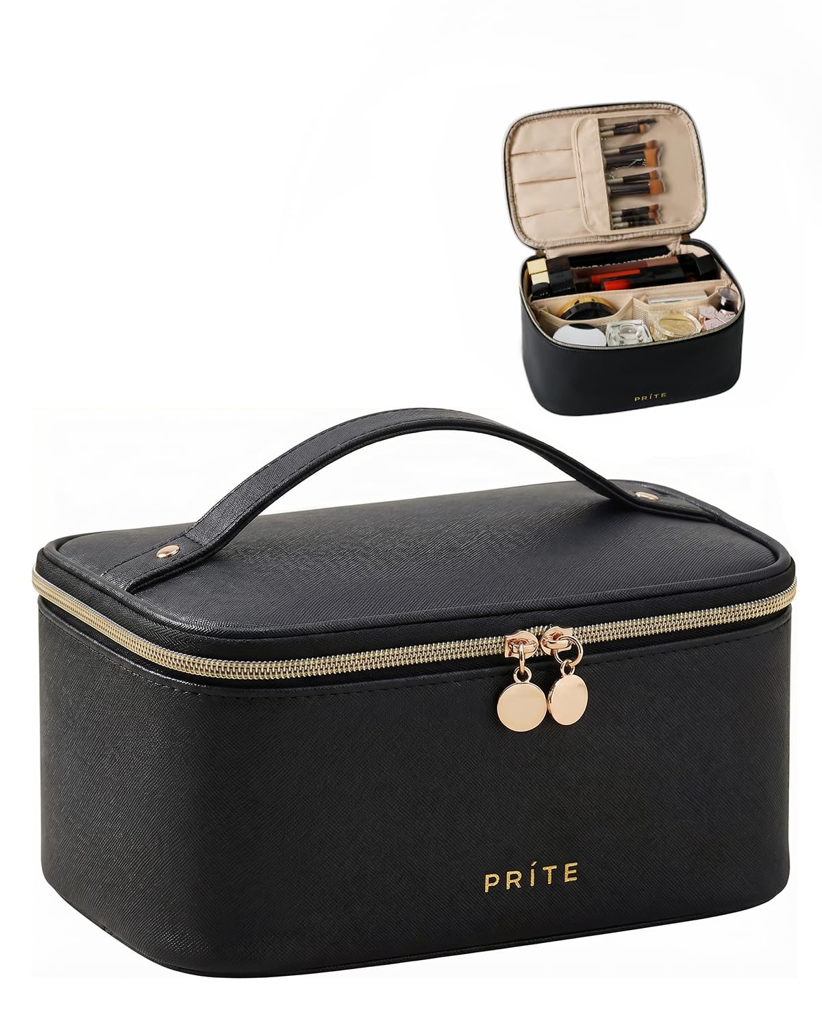 Prite Makeup Bag Travel Cosmetic Case, Women Toiletry Bag Organizer, Beige | Make Up Bag, PU Leather Waterproof Large Makeup & Skincare Case with Brush Holder, Divider & Handle for Girls
