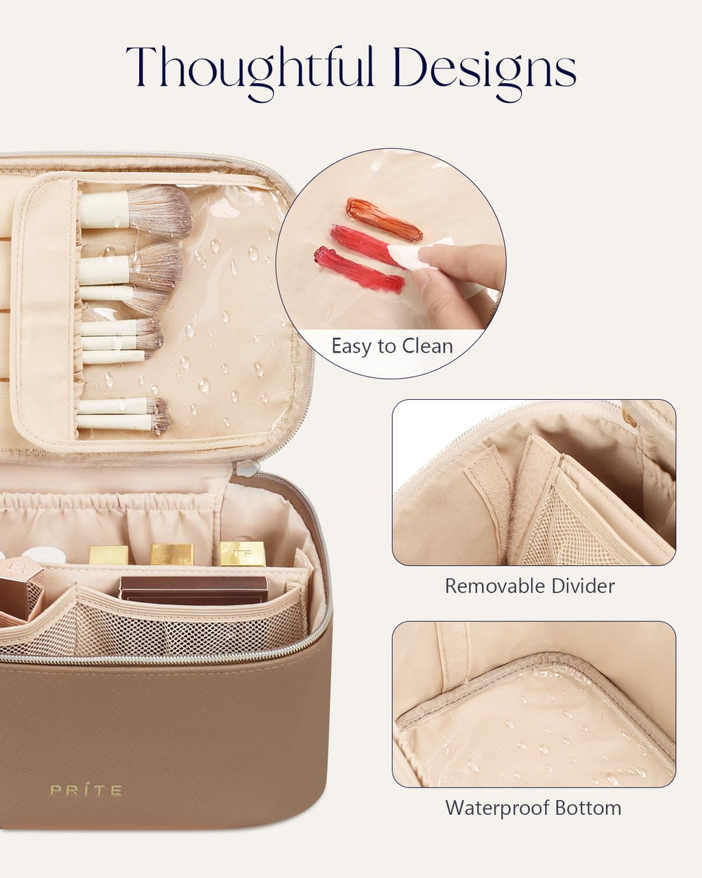 Prite Makeup Bag Travel Cosmetic Case, Women Toiletry Bag Organizer, Beige | Make Up Bag, PU Leather Waterproof Large Makeup & Skincare Case with Brush Holder, Divider & Handle for Girls