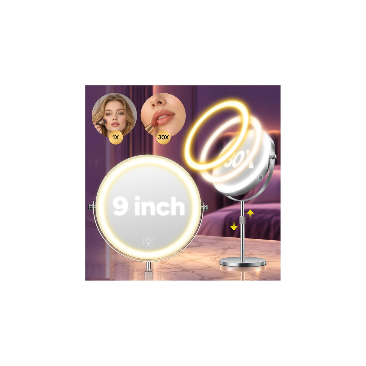 1X/30X Makeup Mirror with Lights, Height Adjustable Double Sided Vanity Mirror, 360° Rotation Cosmetic Mirror for Desk Bathroom, Ideal Gift for Women (Antique Bronze)