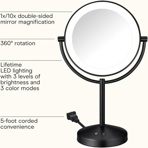 Conair LED Vanity Mirror, Double-Sided, 10x Maginification, Matte Black