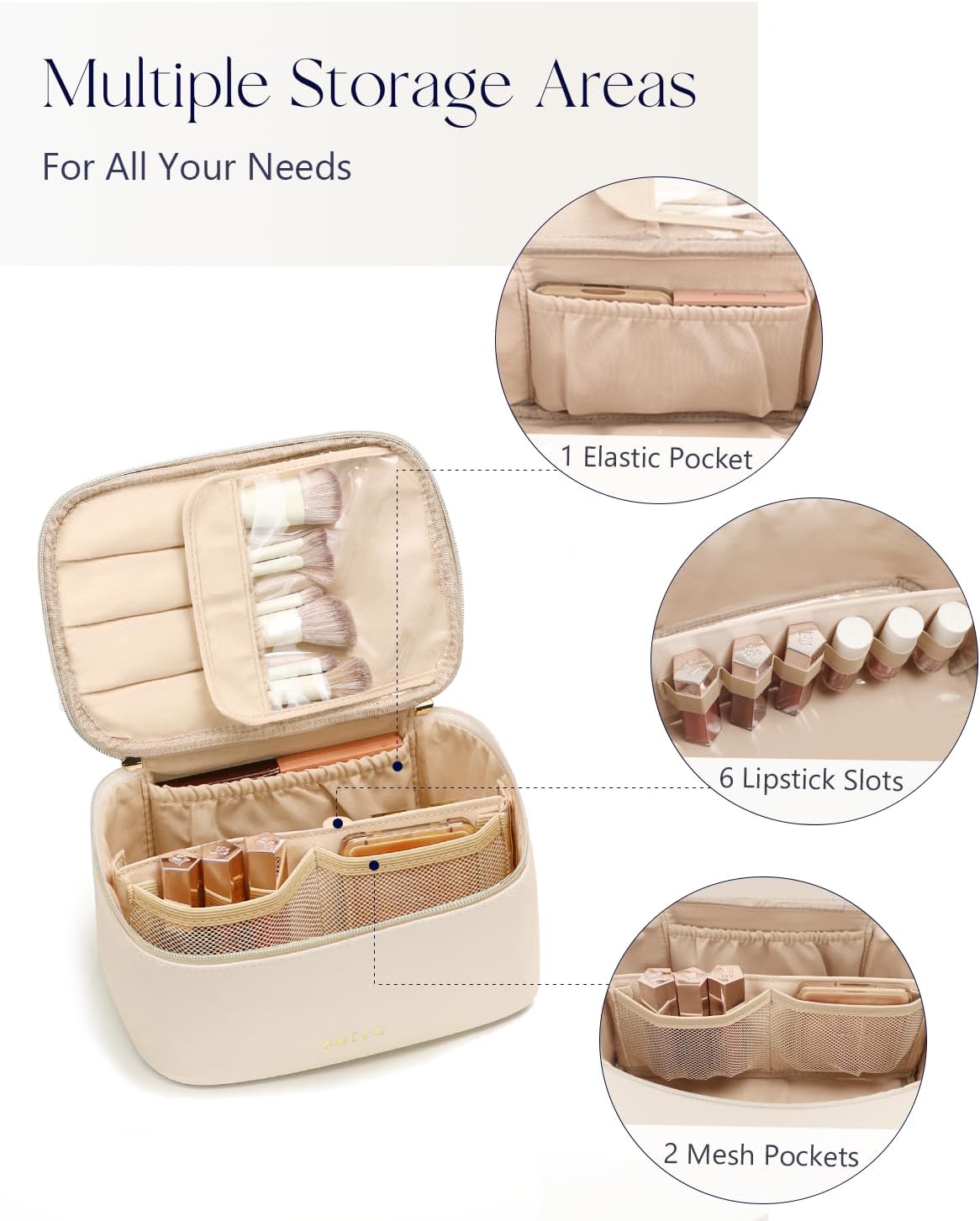 Prite Makeup Bag Travel Cosmetic Case, Women Toiletry Bag Organizer, Beige | Make Up Bag, PU Leather Waterproof Large Makeup & Skincare Case with Brush Holder, Divider & Handle for Girls