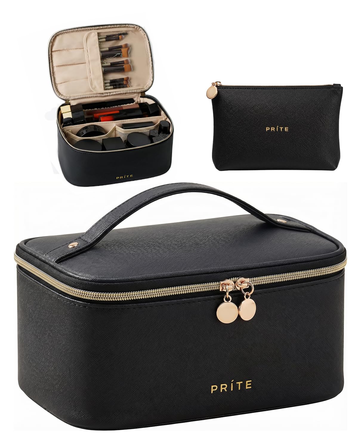 Prite Makeup Bag Travel Cosmetic Case, Women Toiletry Bag Organizer, Beige | Make Up Bag, PU Leather Waterproof Large Makeup & Skincare Case with Brush Holder, Divider & Handle for Girls