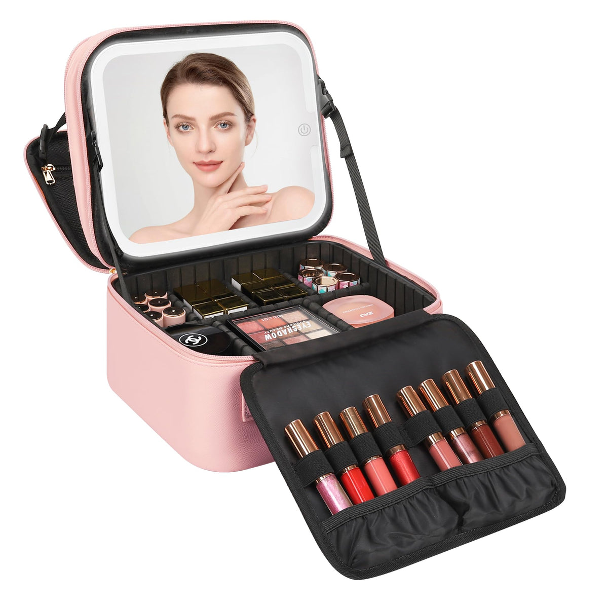 Relavel Large Makeup Case with LED Mirror, 16.2" Train Case with Dividers