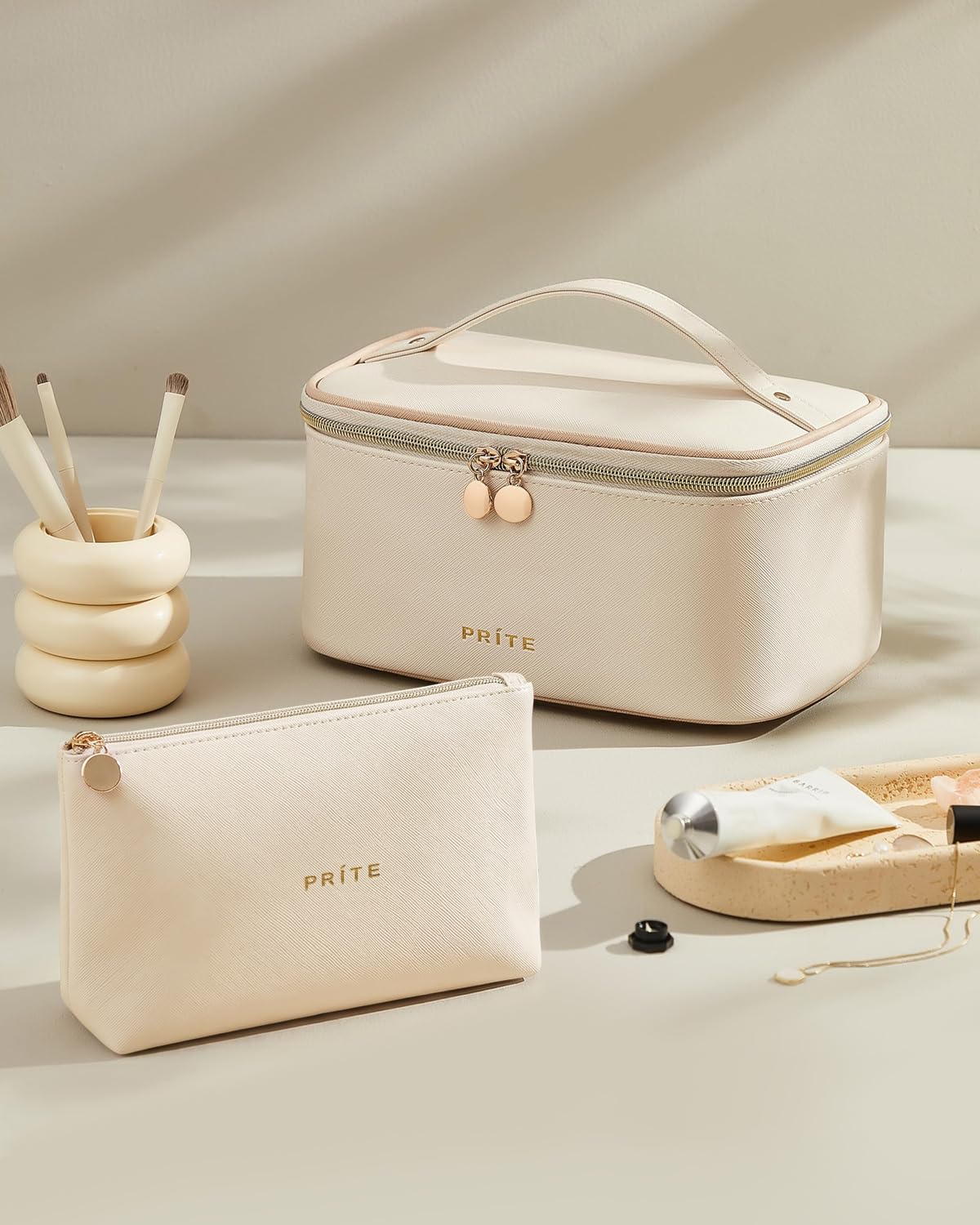 Prite Makeup Bag Travel Cosmetic Case, Women Toiletry Bag Organizer, Beige | Make Up Bag, PU Leather Waterproof Large Makeup & Skincare Case with Brush Holder, Divider & Handle for Girls