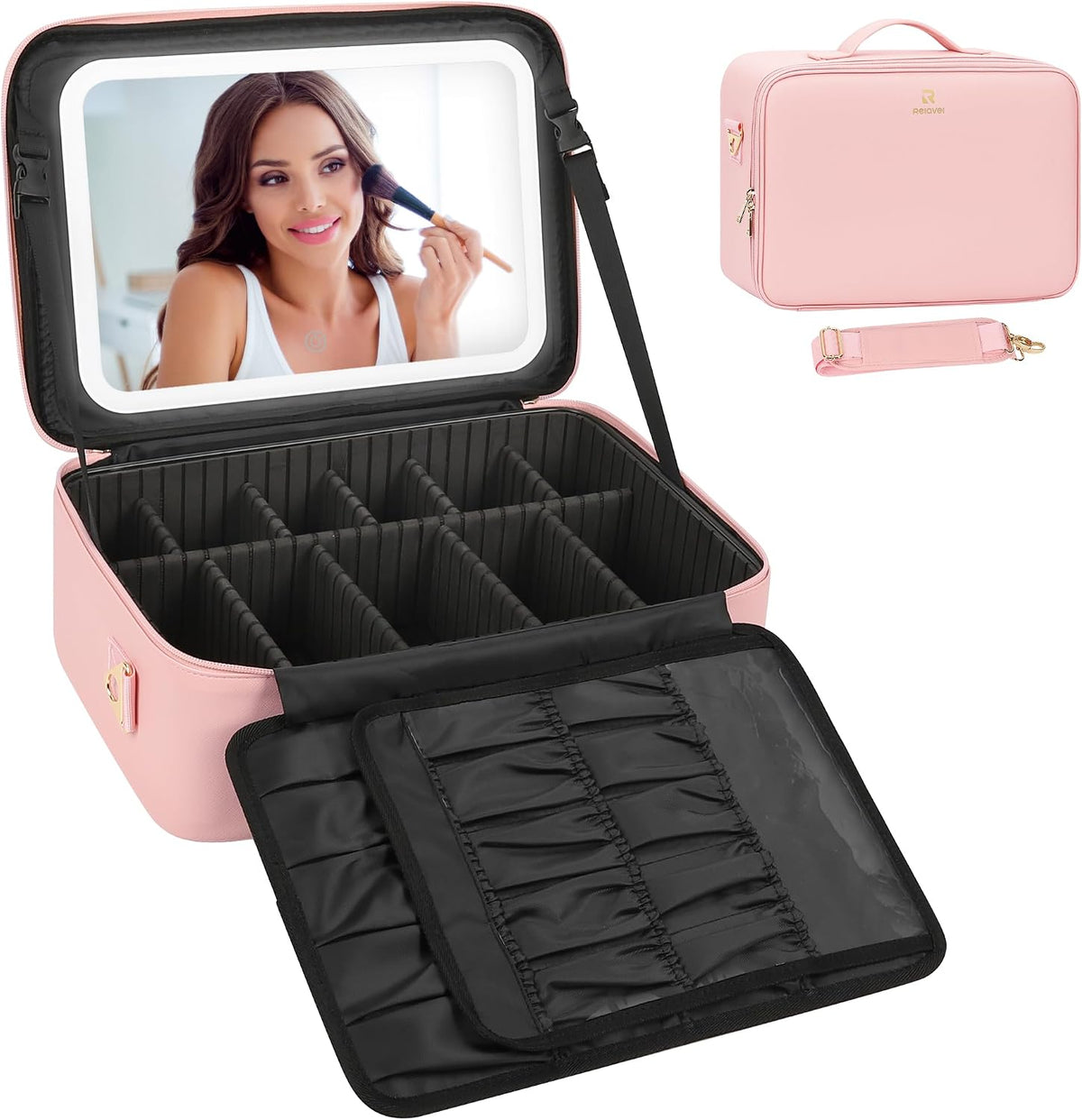 Relavel Large Makeup Case with LED Mirror, 16.2" Train Case with Dividers