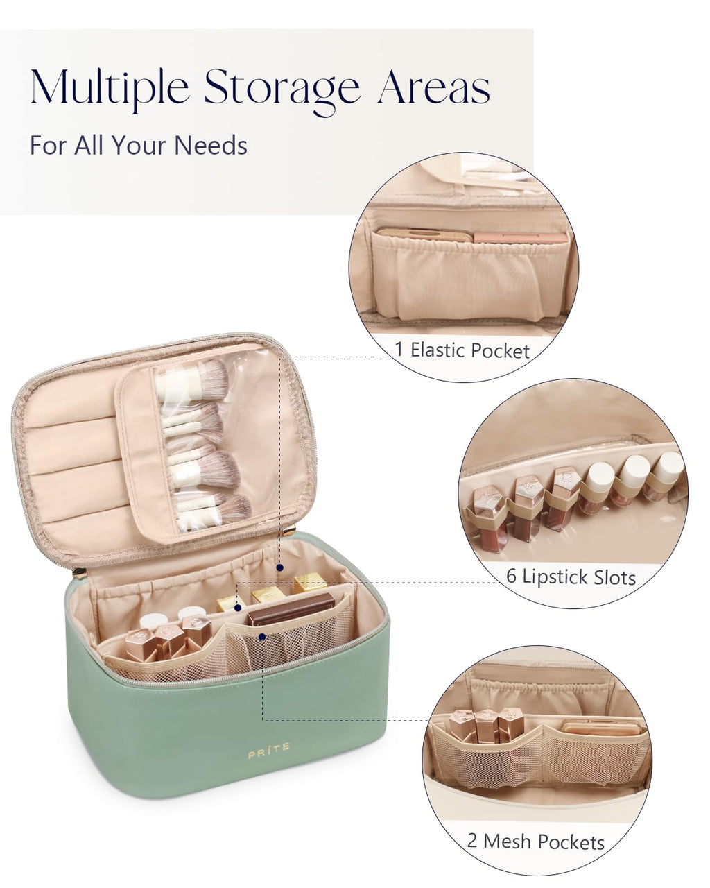 Prite Makeup Bag Travel Cosmetic Case, Women Toiletry Bag Organizer, Beige | Make Up Bag, PU Leather Waterproof Large Makeup & Skincare Case with Brush Holder, Divider & Handle for Girls