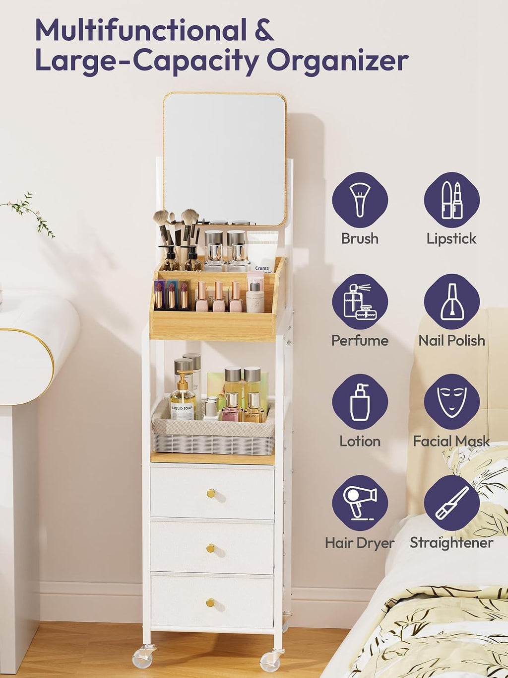 SWTYMIKI Makeup Organizer Cart with Mirror - Makeup Storage Vanity Dresser with Non-Woven Drawers, 360° Rotating HD Mirror, Rolling Organizer Cart for Skin Care Perfume Nail Polish Hair Tool White