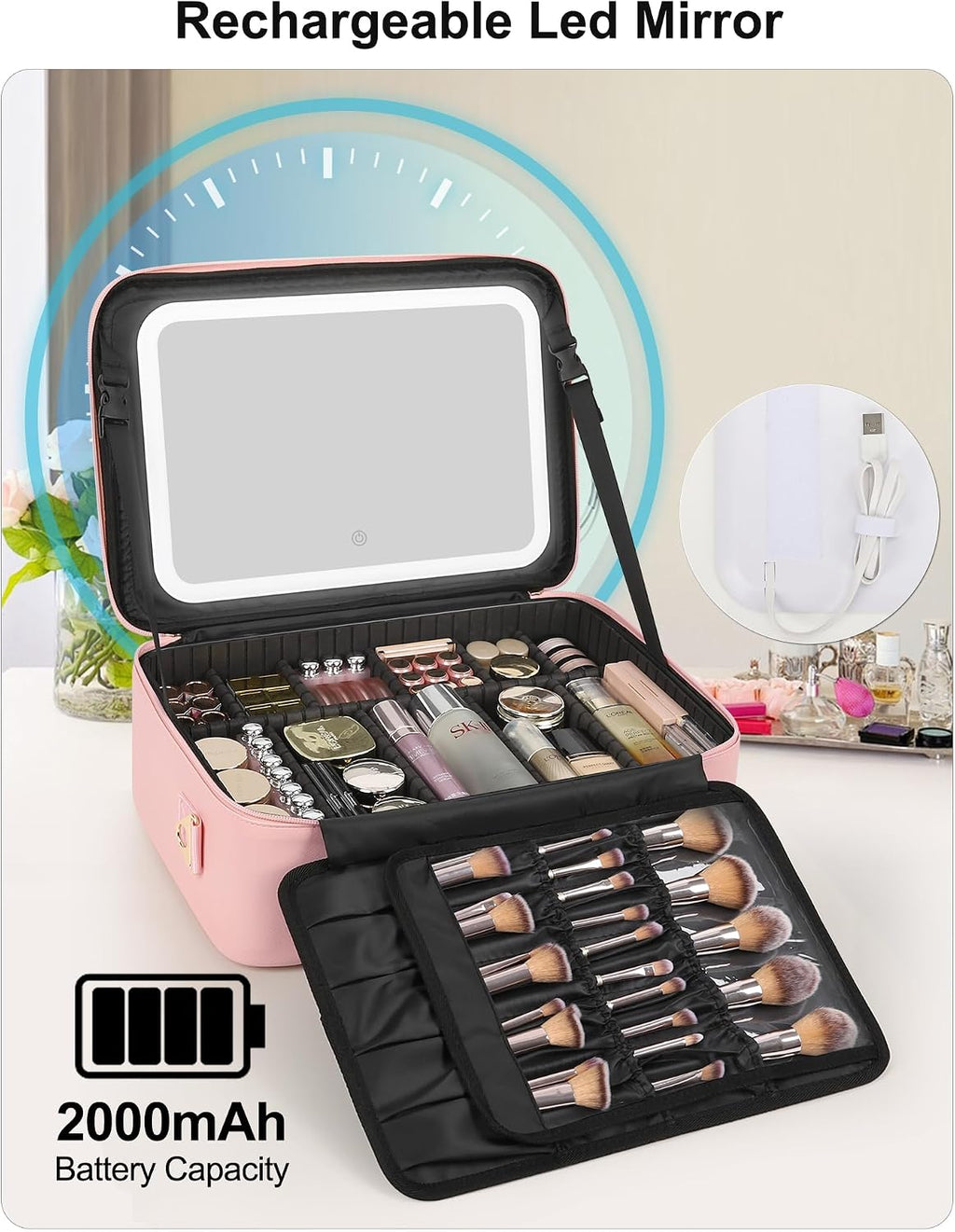 Relavel Large Makeup Case with LED Mirror, 16.2" Train Case with Dividers