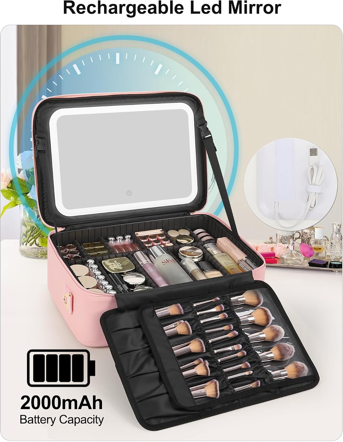 Relavel Large Makeup Case with LED Mirror, 16.2" Train Case with Dividers