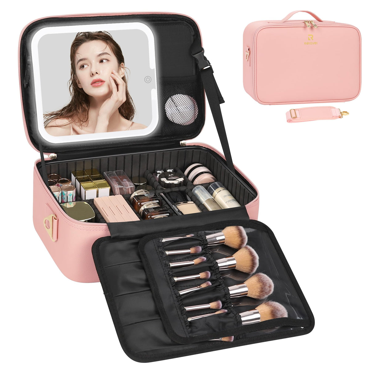 Relavel Large Makeup Case with LED Mirror, 16.2" Train Case with Dividers