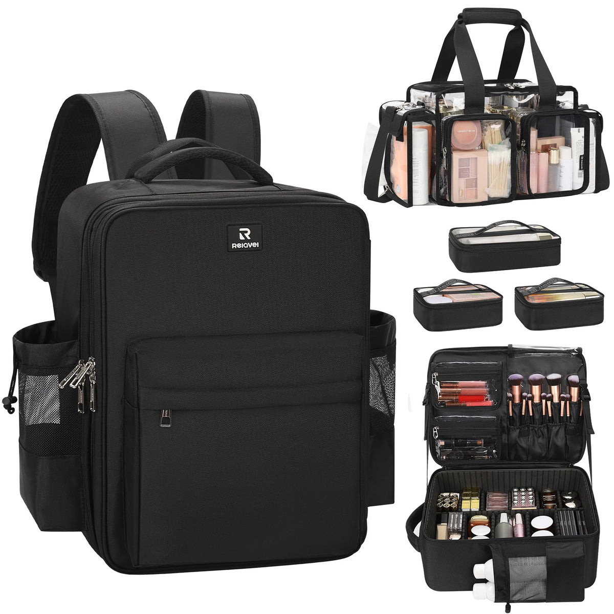 Relavel Makeup Backpack, Extra Large Makeup Bag with 5 Removable Pouches, Professional Makeup Artist Kit Travel Train Case Cosmetic Organizer Box for Nail Polish, Hair Tools, Barber Supplies, Black