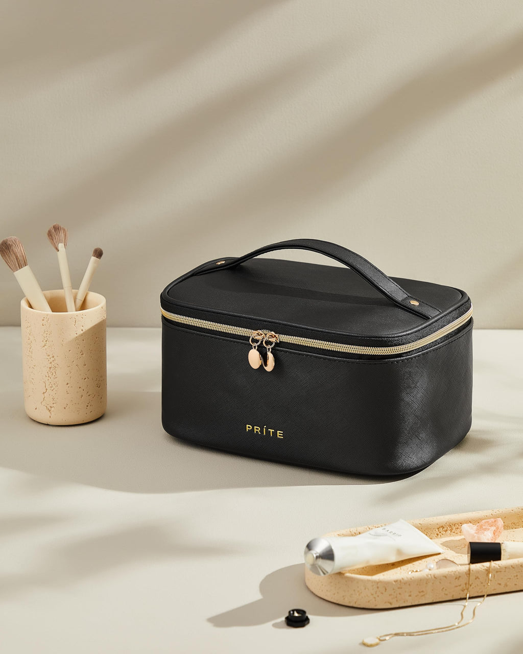 Prite Makeup Bag Travel Cosmetic Case, Women Toiletry Bag Organizer, Beige | Make Up Bag, PU Leather Waterproof Large Makeup & Skincare Case with Brush Holder, Divider & Handle for Girls