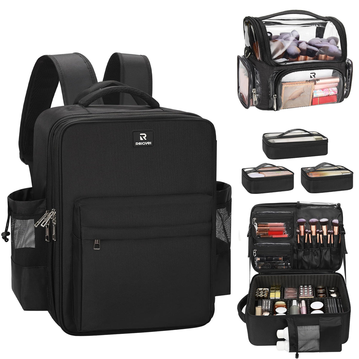 Relavel Makeup Backpack, Extra Large Makeup Bag with 5 Removable Pouches, Professional Makeup Artist Kit Travel Train Case Cosmetic Organizer Box for Nail Polish, Hair Tools, Barber Supplies, Black