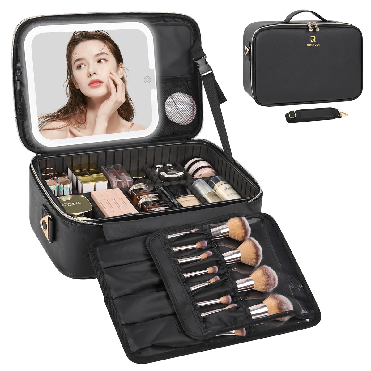 Relavel Large Makeup Case with LED Mirror, 16.2" Train Case with Dividers