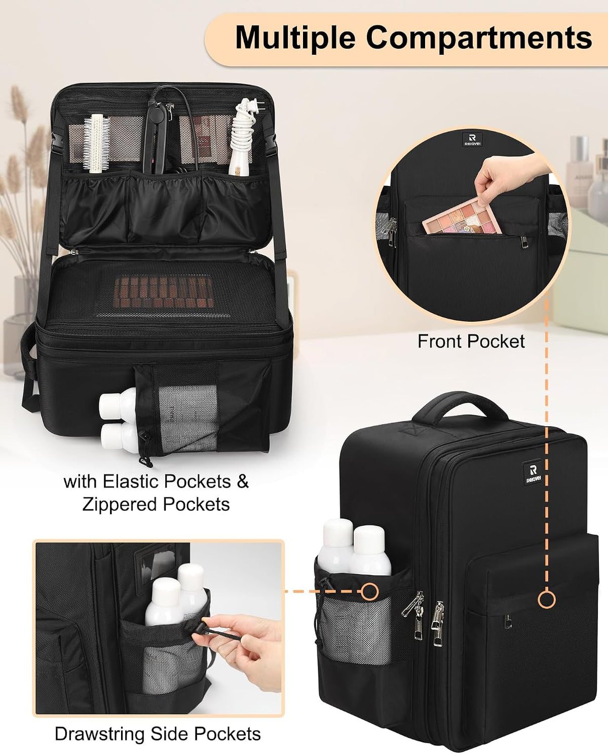 Relavel Makeup Backpack, Extra Large Makeup Bag with 5 Removable Pouches, Professional Makeup Artist Kit Travel Train Case Cosmetic Organizer Box for Nail Polish, Hair Tools, Barber Supplies, Black
