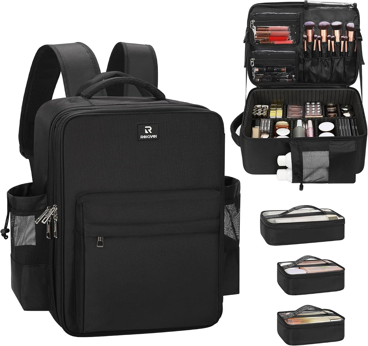 Relavel Makeup Backpack, Extra Large Makeup Bag with 5 Removable Pouches, Professional Makeup Artist Kit Travel Train Case Cosmetic Organizer Box for Nail Polish, Hair Tools, Barber Supplies, Black