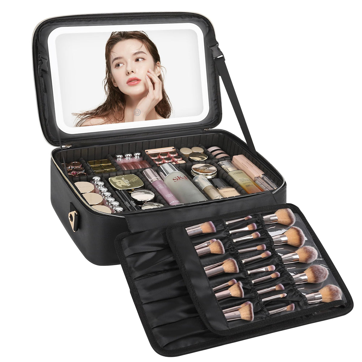 Relavel Large Makeup Case with LED Mirror, 16.2" Train Case with Dividers