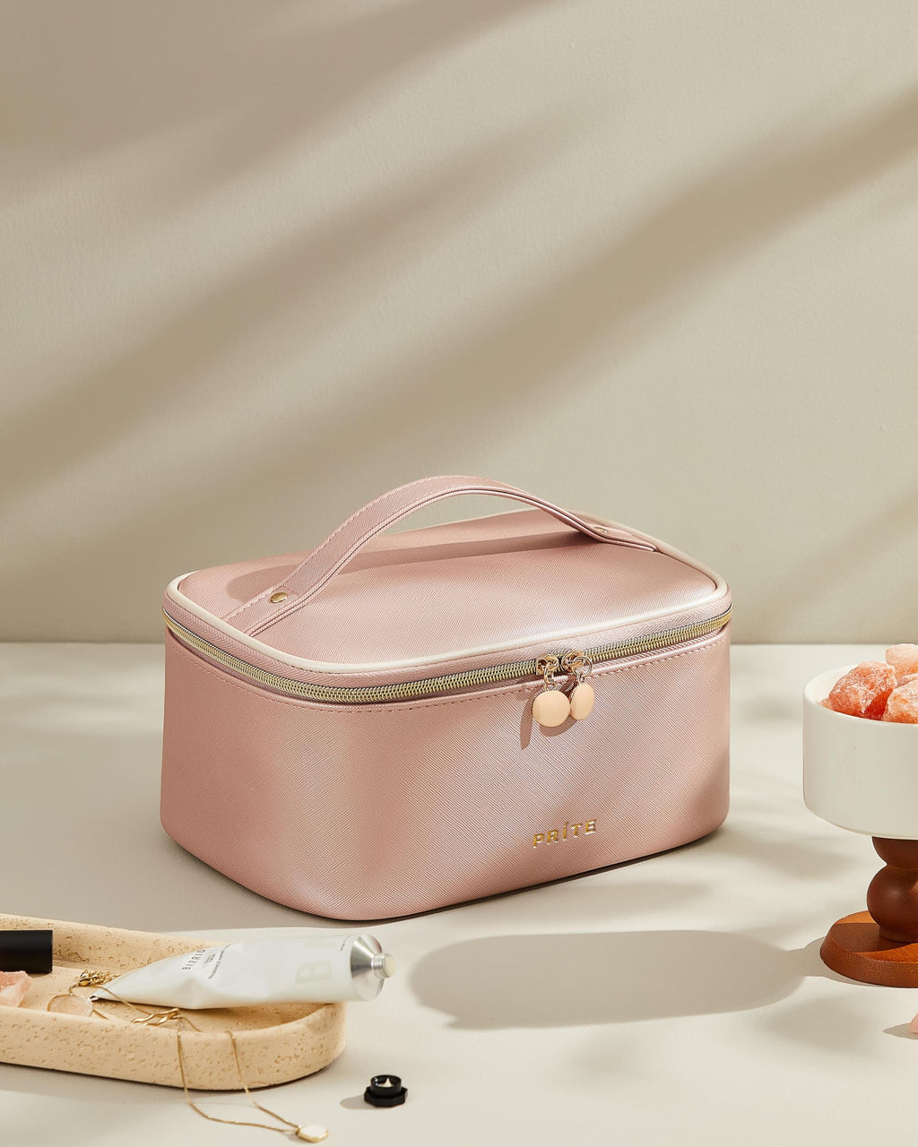 Prite Makeup Bag Travel Cosmetic Case, Women Toiletry Bag Organizer, Beige | Make Up Bag, PU Leather Waterproof Large Makeup & Skincare Case with Brush Holder, Divider & Handle for Girls