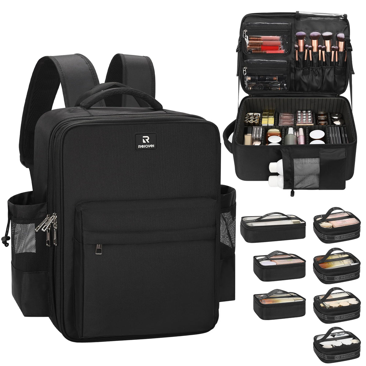 Relavel Makeup Backpack, Extra Large Makeup Bag with 5 Removable Pouches, Professional Makeup Artist Kit Travel Train Case Cosmetic Organizer Box for Nail Polish, Hair Tools, Barber Supplies, Black