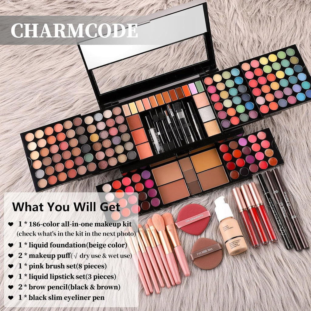 Professional Big Makeup Kit for Teens Girls & Women Full Kit, Beauty Case with Beginner Cosmetics Sets, All-in-One Make Up Gift Box with Lipgloss, Eyeshadow,Blush,Highlight,Brow&Liner Pens,Brush,etc