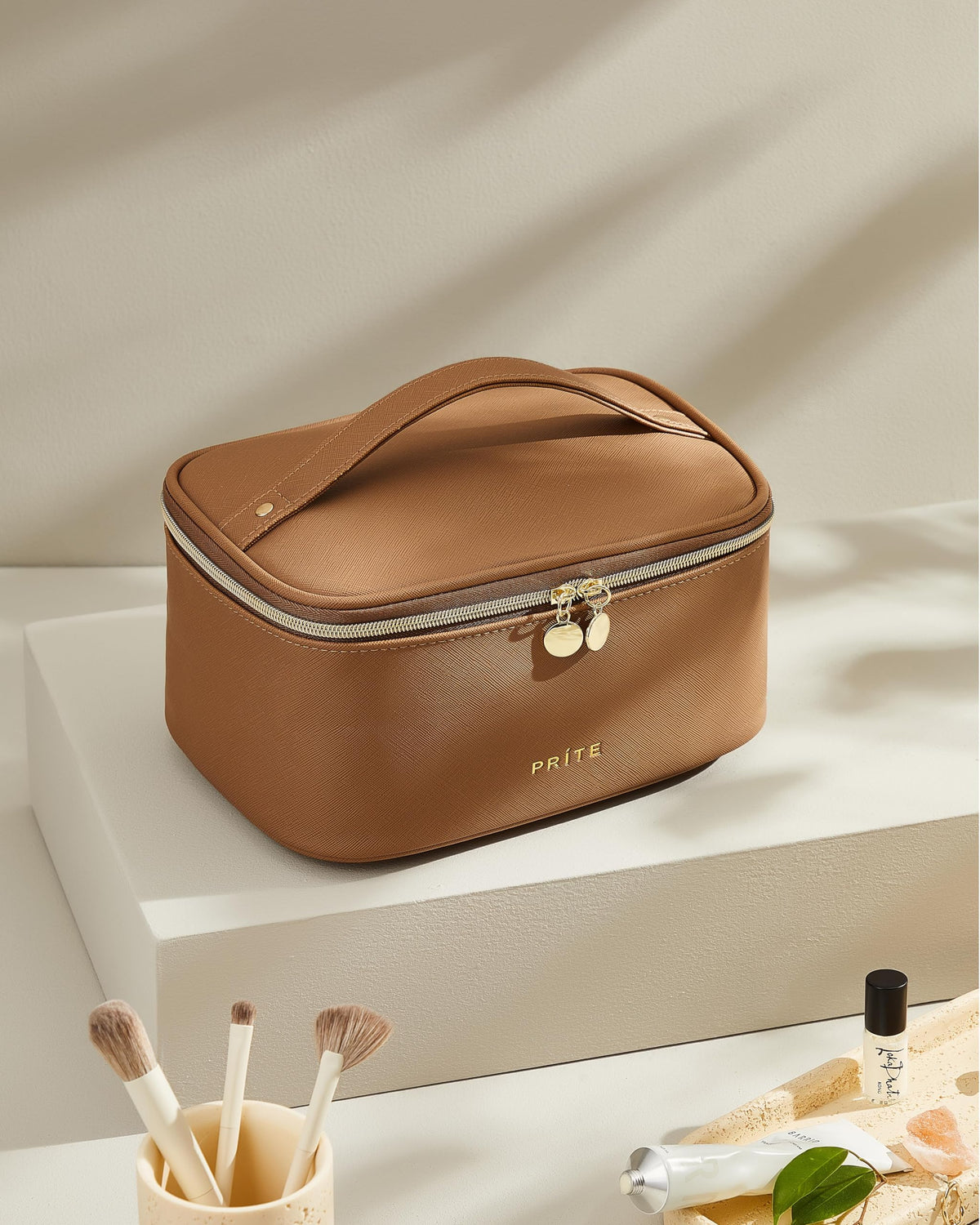Prite Makeup Bag Travel Cosmetic Case, Women Toiletry Bag Organizer, Beige | Make Up Bag, PU Leather Waterproof Large Makeup & Skincare Case with Brush Holder, Divider & Handle for Girls